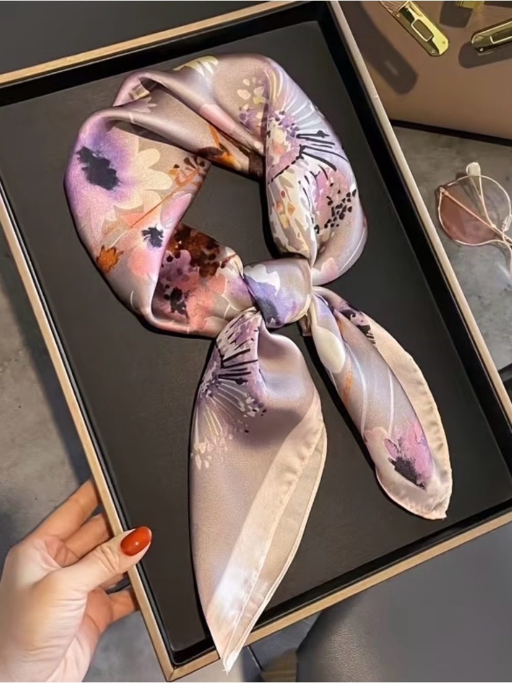 Floral Satin Neck Scarf in Soft Lavender and Cream
